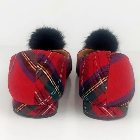Talbots Edison Tartan Plaid Faux Fur Pom Pom Flats 8.5 - Picture 5 of 15